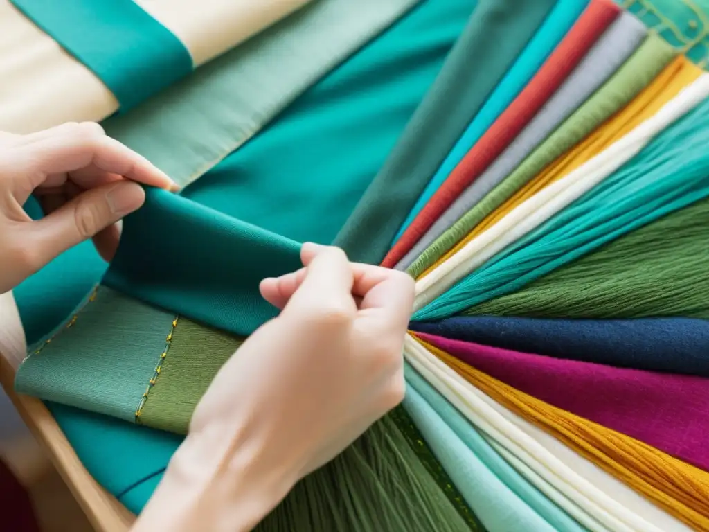 Artista textil crea colecciones innovadoras con materiales reciclados, cosiendo meticulosamente retazos de tela colorida