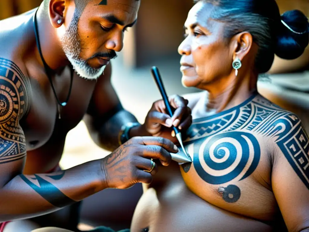 Un artista tribal tatuando a mano con herramientas tradicionales, capturando la influencia de tatuajes tribales en moda
