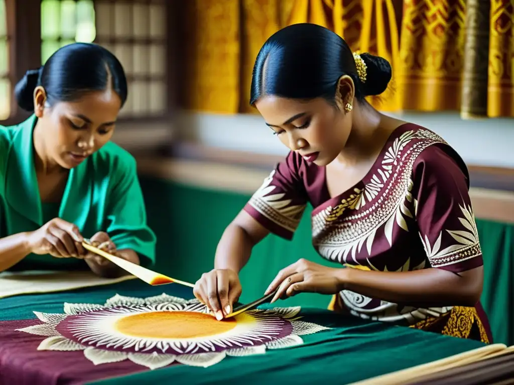 Artistas aplicando cera a tela con herramientas tjanting, creando patrones tradicionales de Batik