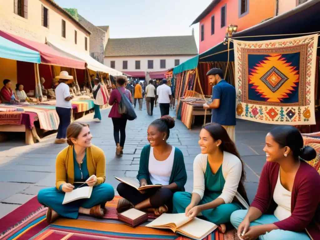 Artistas capturando la vida en un animado mercado Artistas jóvenes reinventan arte étnico en vibrante mercado étnico al atardecer, rodeados de color y creatividad