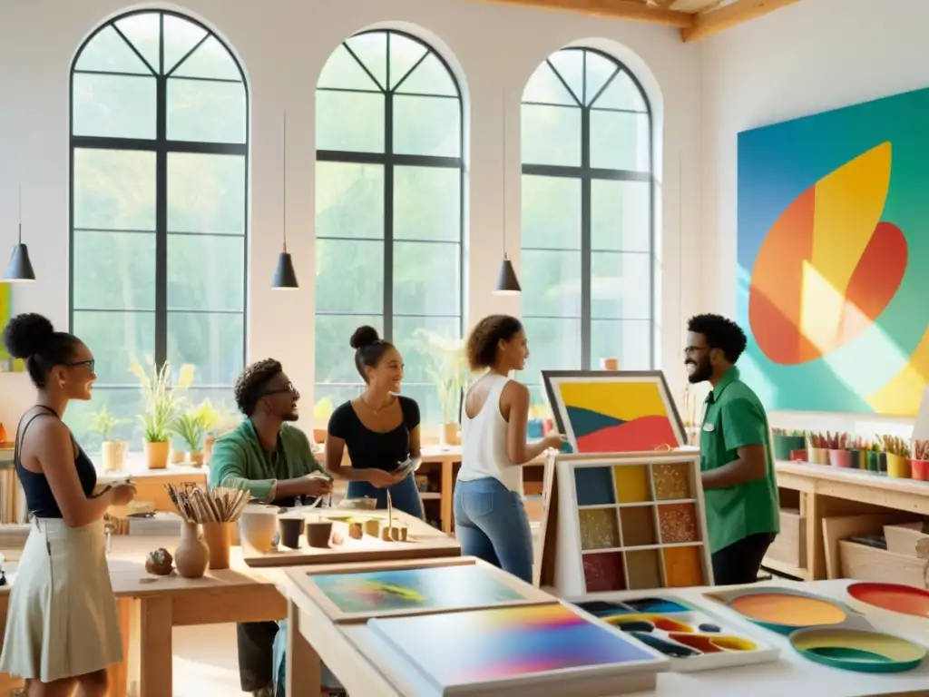 Jóvenes artistas de diferentes orígenes étnicos creando juntos en un estudio vibrante Artistas jóvenes reinventan arte étnico en un estudio vibrante lleno de creatividad y colaboración