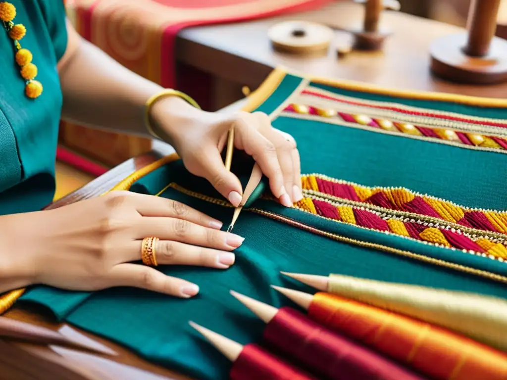 Artistas creando moda étnica artesanal global con bordados vibrantes y herramientas tradicionales, evocando un legado de artesanía atemporal