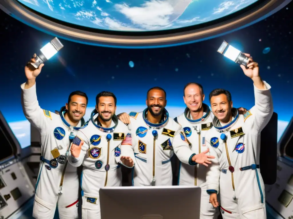 Ramadan en el Espacio: Astronautas Celebran con la Tierra de Fondo Astronautas celebrando el Ramadán en el espacio, con linternas y alfombras de oración flotando en la Estación Espacial Internacional