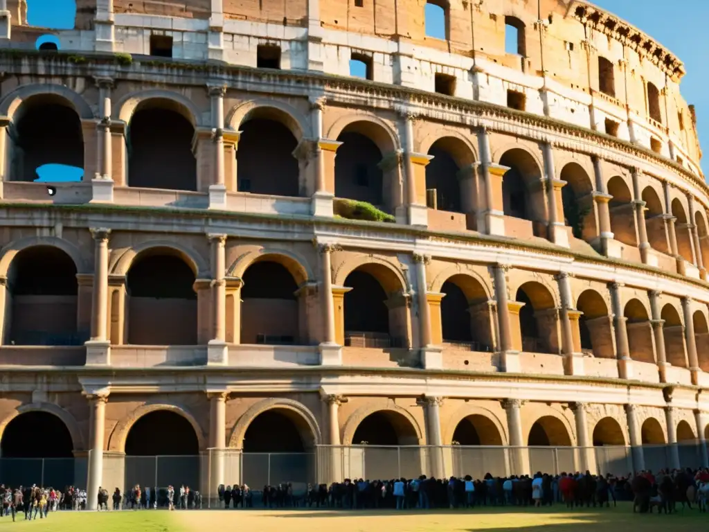 Un atardecer dorado ilumina el antiguo Coliseo Romano, donde los visitantes admiran su grandeza