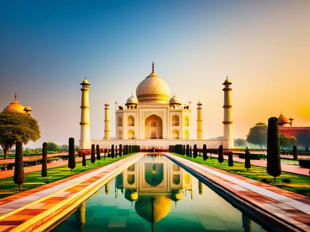 El Taj Mahal al atardecer, con influencia persa en India arte gastronomía, bañado por la cálida luz dorada del sol