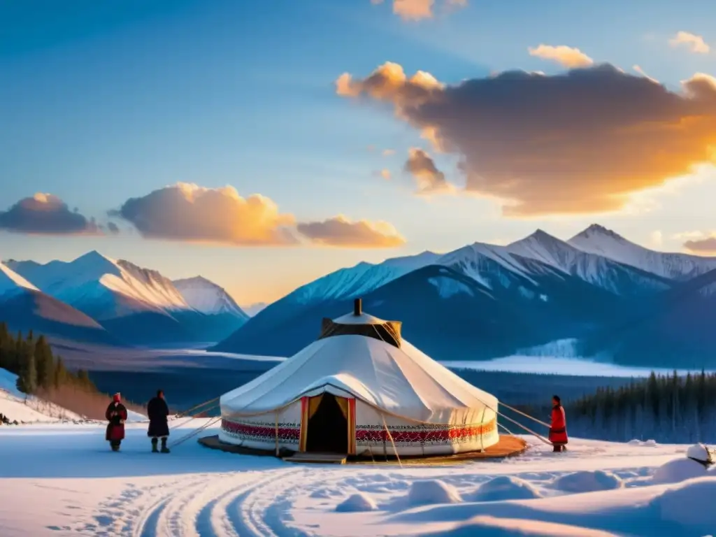 Un atardecer mágico en la taiga siberiana, donde los rituales siberianos y la tradición de la yurta cobran vida en medio de la naturaleza salvaje