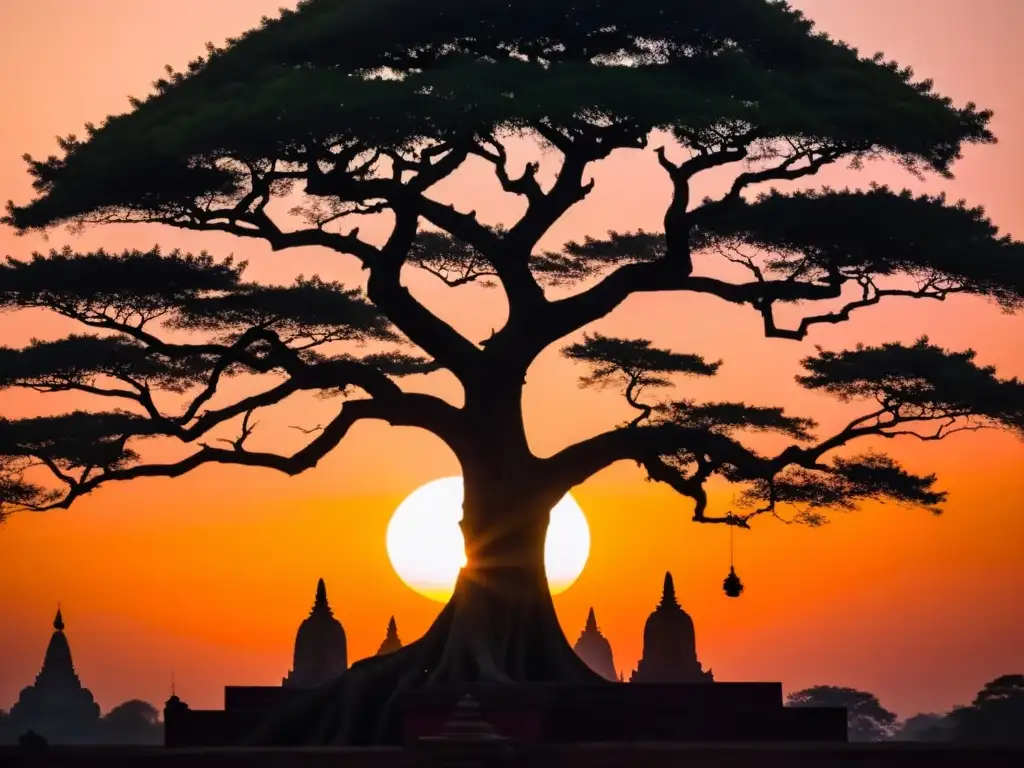 Atardecer místico sobre el Árbol Bodhi en Bodh Gaya, India, con rituales budistas