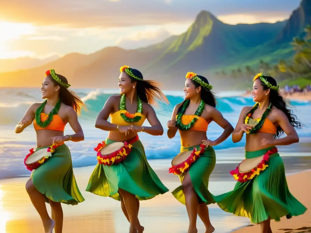 Hula dancers danzando al atardecer en la playa, con trajes coloridos y movimientos precisos al ritmo de la música hawaiana