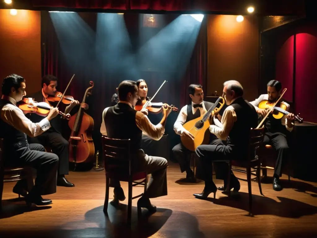 Una atmósfera de pasión cultural de Buenos Aires cobra vida en un íntimo bar de tango, con músicos expresivos y una audiencia cautivada