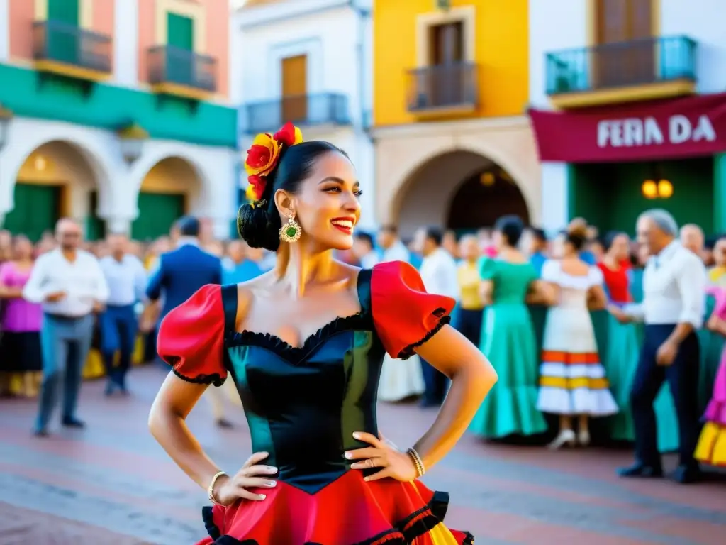 Una bailaora de flamenco con vestido colorido en la Feria de Abril, rodeada de espectadores y edificios tradicionales en Sevilla