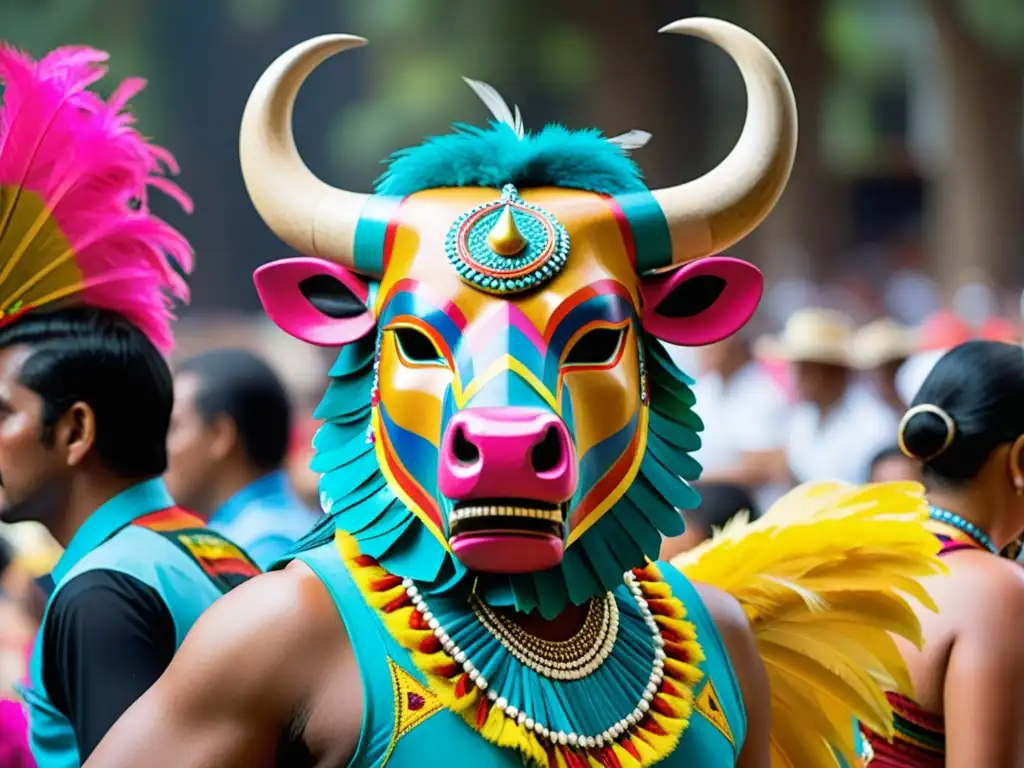 Un bailarín sostiene en alto una máscara de toro adornada con plumas y lentejuelas, en la vibrante Danza del Torito Guatemala tradición