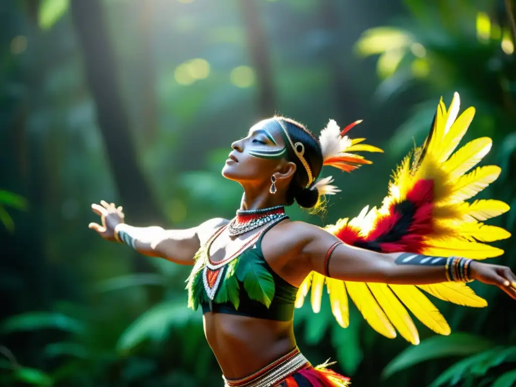 Un bailarín indígena danza con plumas y pintura corporal en la selva