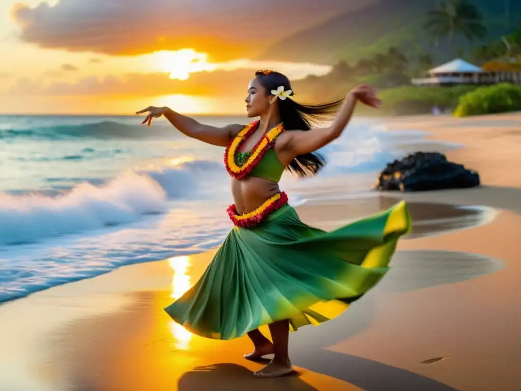 Una bailarina contemporánea de hula realiza una grácil actuación en la playa al atardecer, fusionando tradición y modernidad en el baile hawaiano