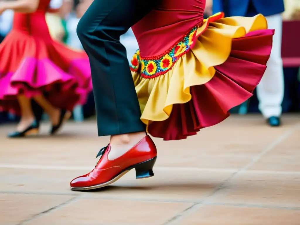 Una bailarina de flamenco con castañuelas y traje tradicional danza con energía en la Feria de Abril