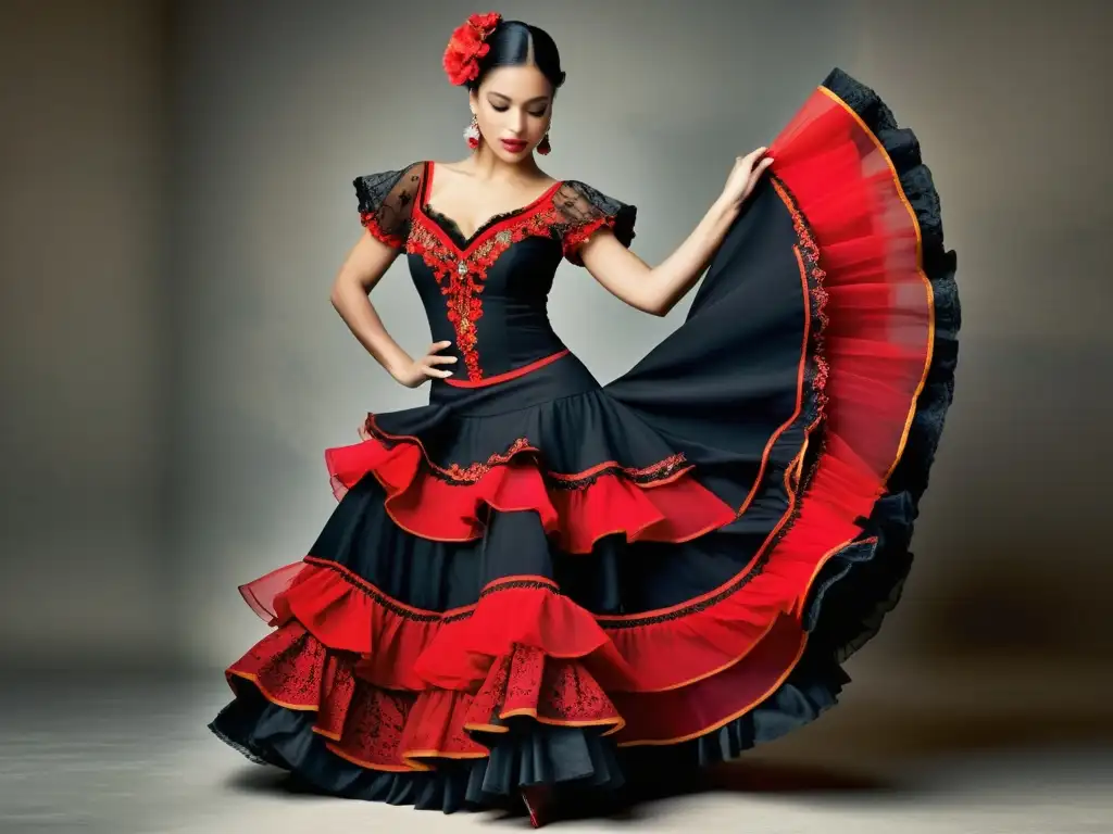 Una bailarina de flamenco con un vestido rojo y negro, mantilla y abanico, captura la pasión y tradición de los trajes típicos de España folclórica