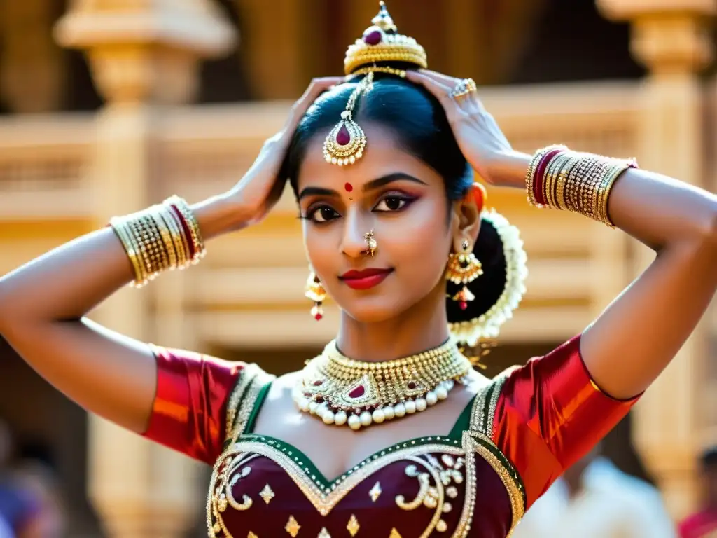 Una bailarina india en el Festival de Danza Clásica Khajuraho, expresando arte y emoción a través de Bharatanatyam