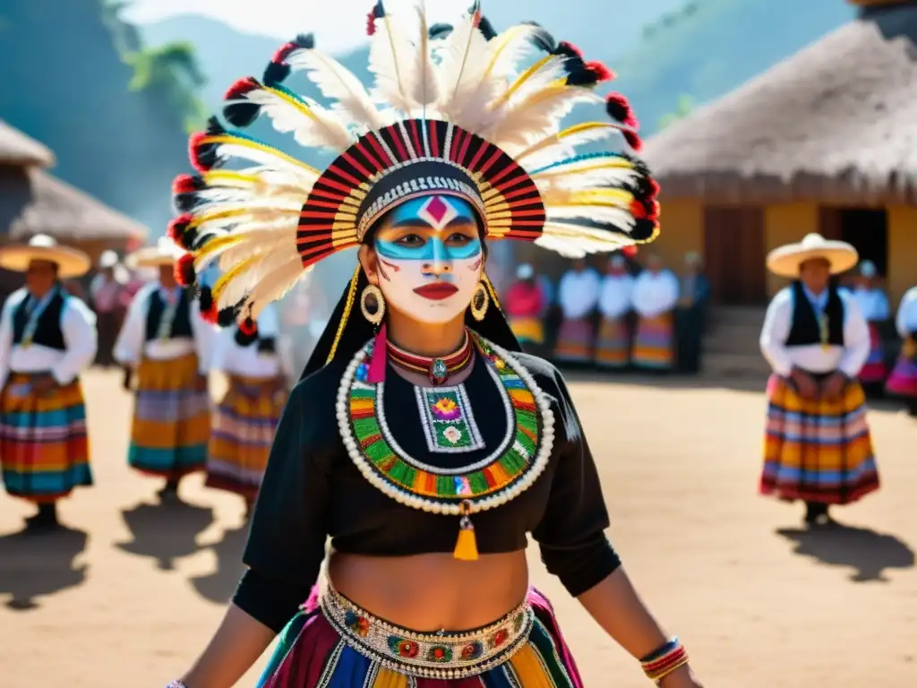 Una bailarina indígena guatemalteca ejecuta el Ritual Baile Conquista, irradiando resistencia y gracia en un ambiente mágico de la plaza del pueblo iluminada por antorchas