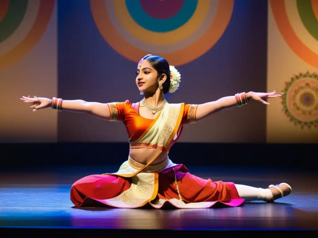 Una bailarina joven en vestimenta tradicional india ejecuta una grácil pose en su Iniciación en la Danza Arangetram India, irradiando confianza y destreza, mientras cautiva a la audiencia con su expresión concentrada y elegantes movimientos