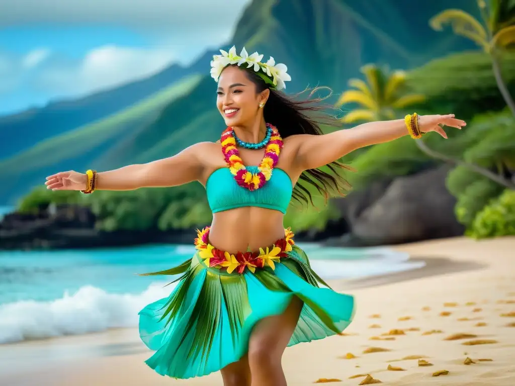 Una bailarina de hula polinesia danzando en la playa, reflejando la influencia cultural Polinesia en redes con sus coloridos atuendos y leis florales