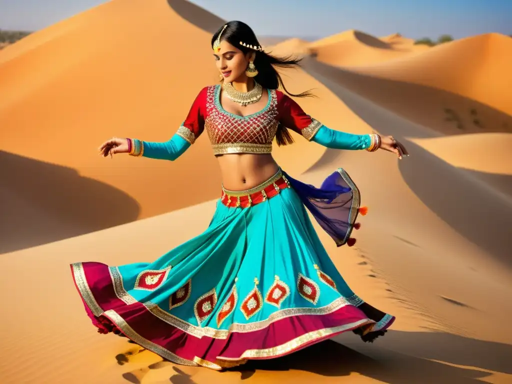 Una bailarina rural de la India viste un deslumbrante traje Ghagra Choli mientras gira graciosamente entre las dunas del desierto iluminadas por el sol