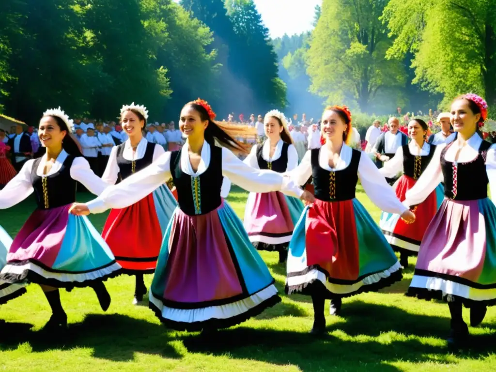 Baile de la Cinta Europa del Este: Colorido baile tradicional en el campo, con aldeanos y cintas entrelazadas en un escenario festivo