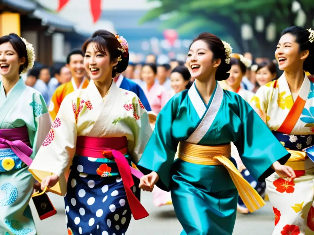 Baile tradicional Tokushima Awa Odori: Grupo de bailarines en yukatas coloridos danzando al ritmo festivo, rodeados de espectadores alegres