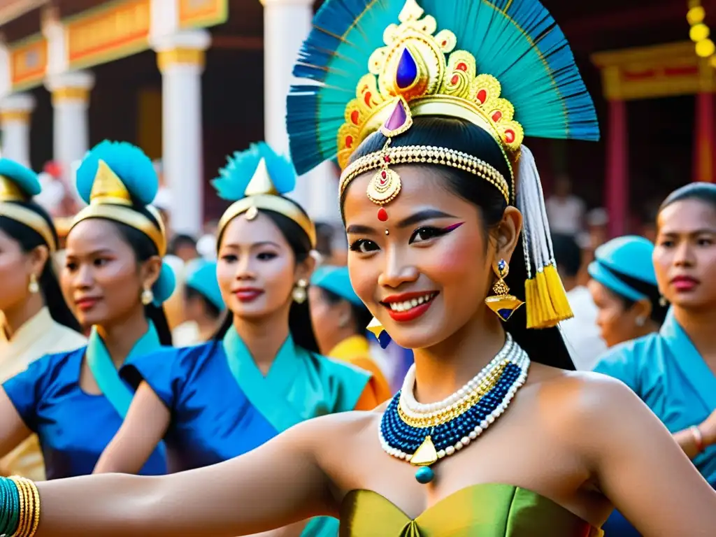 Baile tradicional en el vibrante Festival Pchum Ben en Camboya, con coloridos trajes y mercado bullicioso bajo la cálida luz dorada