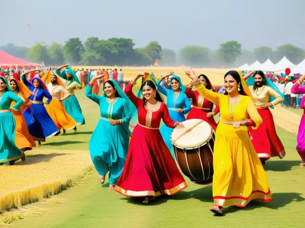 Baisakhi Año Nuevo Sij Tradiciones: Celebración vibrante y colorida con música folk, trajes tradicionales y campos de trigo dorado