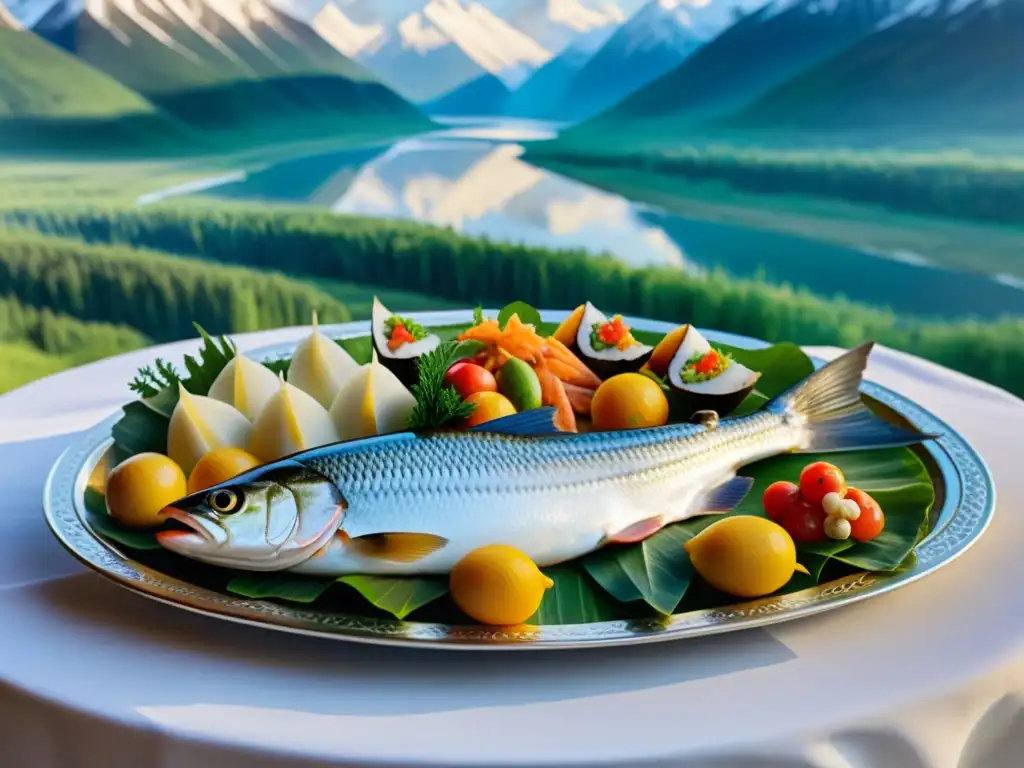 Banquete de peces en Siberia: Mesa adornada con pescados frescos y paisaje impresionante