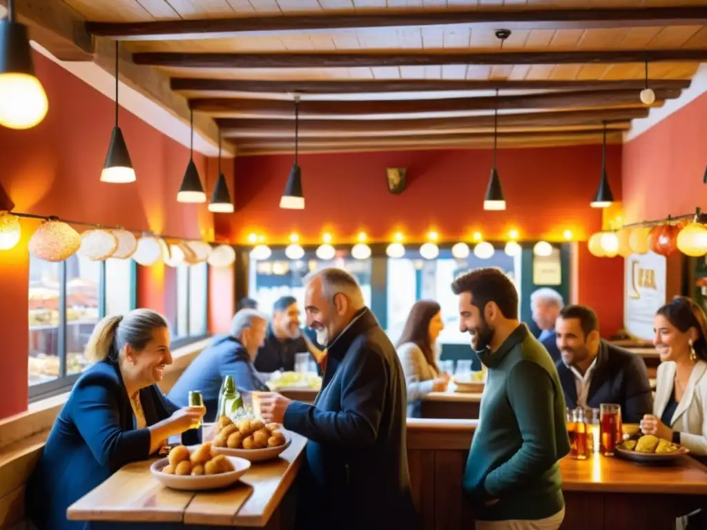 Bar de tapas en España, con ambiente animado, luces cálidas y platos tradicionales