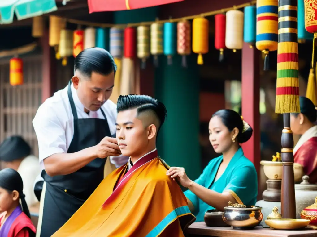 Barbero habilidoso realiza un corte de cabello tradicional en un bullicioso mercado asiático, rodeado de colores, instrumentos y atuendos tradicionales