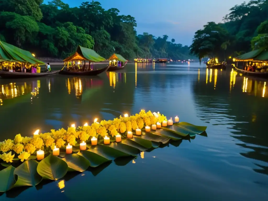 Bellas ofrendas flotantes en el río durante el festival Loi Krathong Tailandia tradición festiva, evocando reverencia y asombro