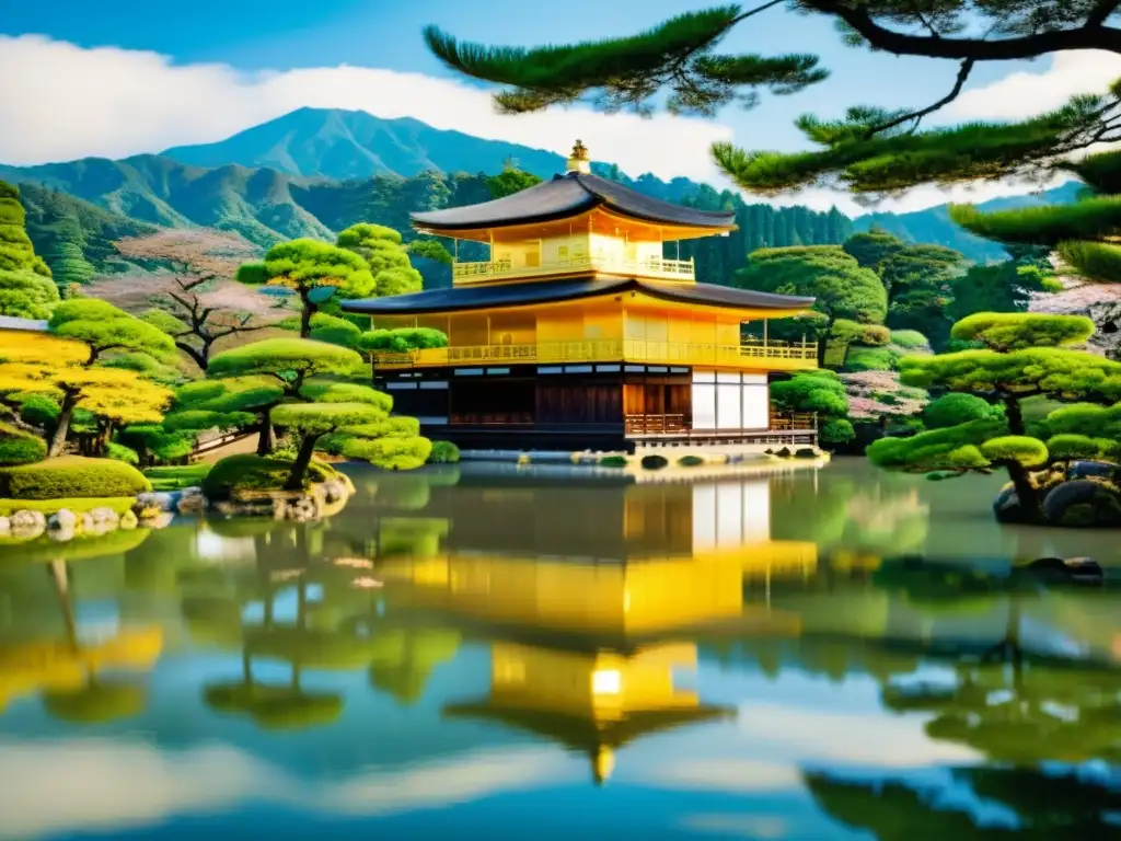 El icónico Kinkakuji en Kioto, Japón, refleja su belleza dorada en el estanque, rodeado de exuberante vegetación y árboles de cerezo