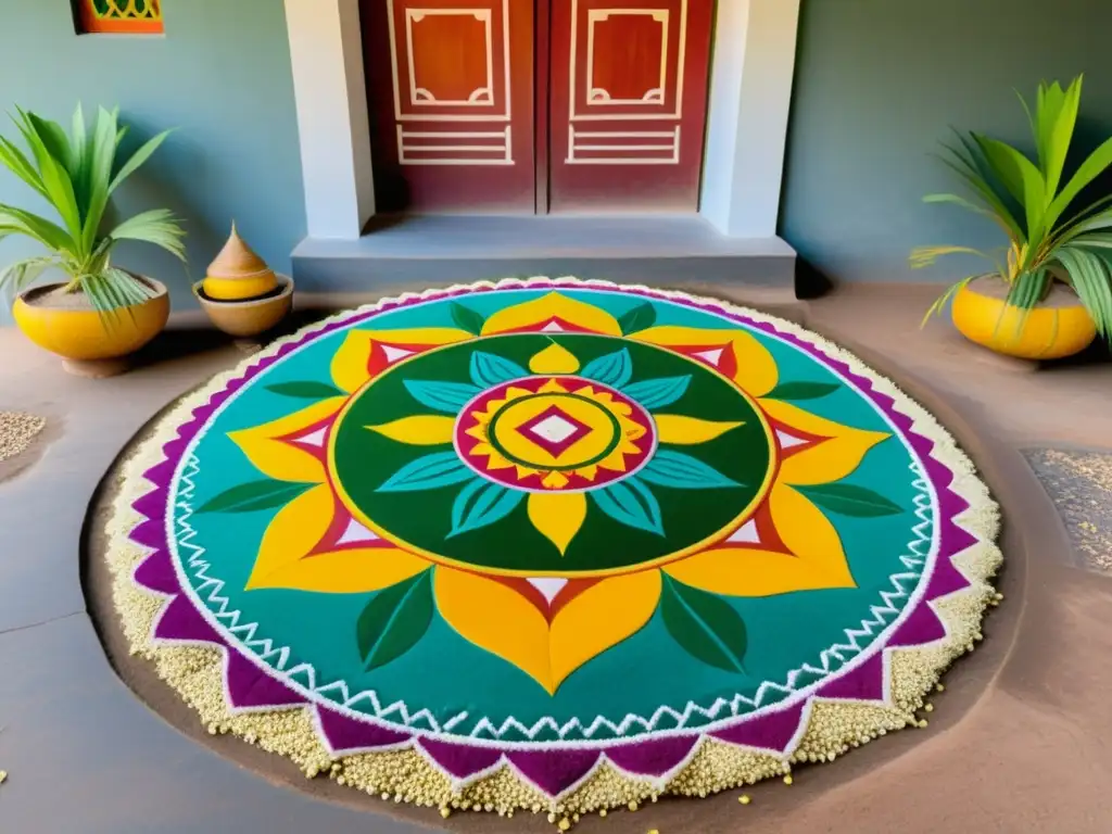 Un bello diseño de rangoli en el Festival Pongal, expresando gratitud y conexión con la naturaleza a través de símbolos tradicionales de la cosecha