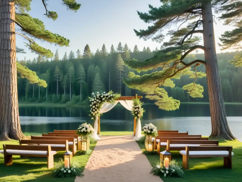 Boda nórdica en el bosque: ceremonia bajo pinos centenarios Una boda al aire libre de tradición nórdica, en un bosque sereno y mágico con una ceremonia encantadora bajo altos pinos
