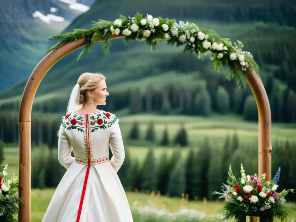 Boda nórdica mágica en la montaña Boda al aire libre en la tradición nórdica: majestuosas montañas nevadas, bosques frondosos, novios intercambiando votos bajo un arco decorado con flores silvestres, y una cálida luz creando un momento mágico e inolvidable
