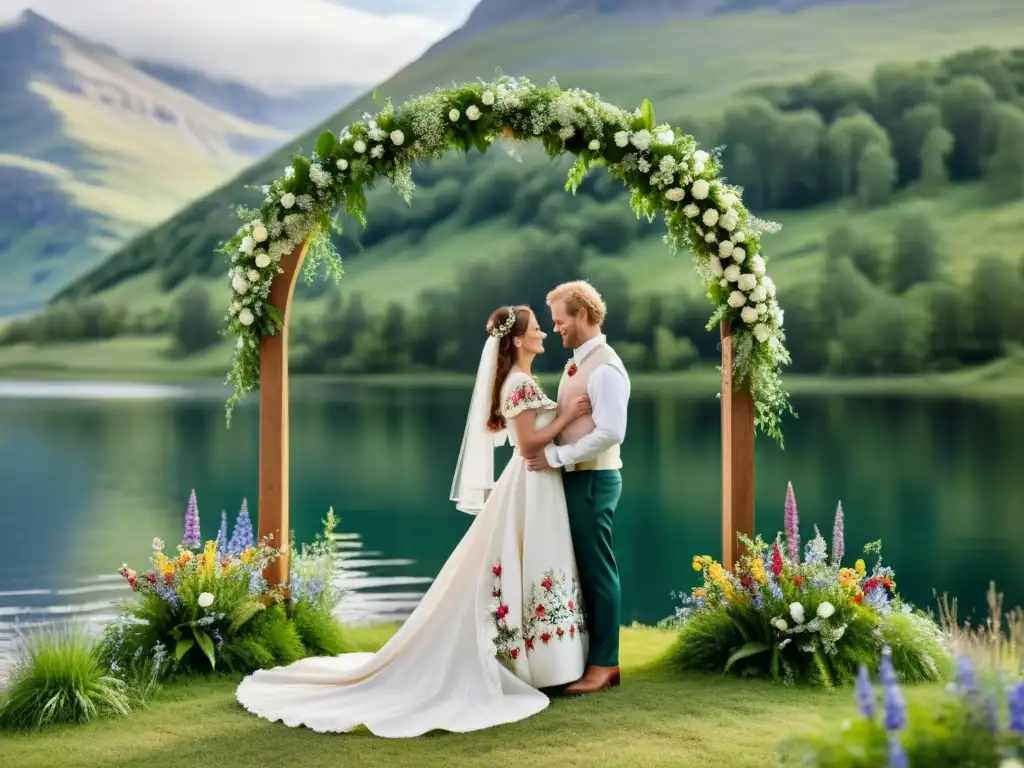 Boda nórdica al aire libre: encanto etéreo y tradición Boda al aire libre tradición nórdica: Ceremonia nupcial entre exuberantes colinas verdes y un lago sereno