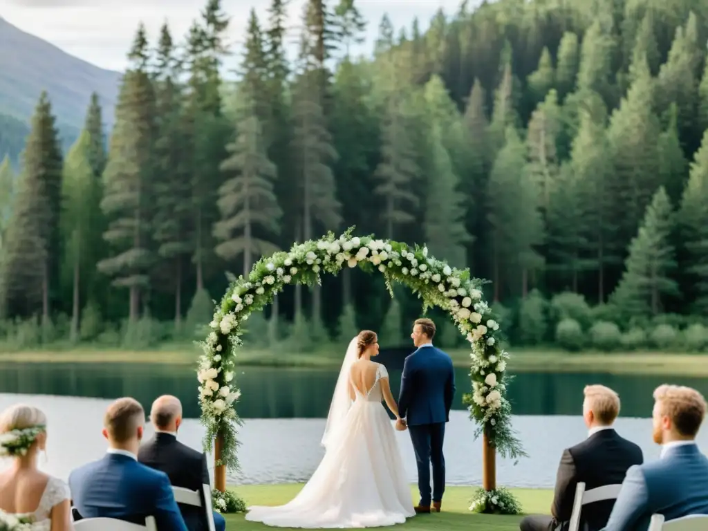 Boda nórdica al aire libre: arco floral, baile y lago sereno Una boda al aire libre de tradición nórdica con una pareja bajo un arco floral, rodeados de pinos y un lago sereno