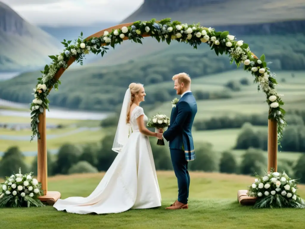 Boda nórdica: Romance entre colinas verdes Boda al aire libre en tradición nórdica: intercambio de votos bajo un arco adornado, rodeados de naturaleza exuberante y detalles culturales