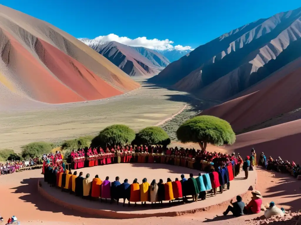 Boda andina en la Quebrada de Humahuaca, con colores vibrantes y paisaje impresionante reflejando la cosmovisión indígena