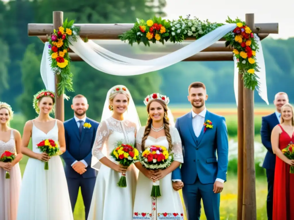 Boda eslava con novios bajo pañuelo de bodas tradicionales eslavas, en un ambiente mágico al atardecer