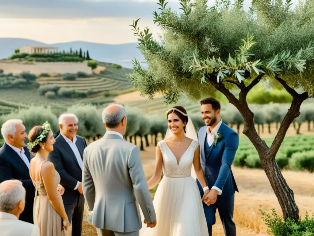 Una boda griega clásica entre olivos, con novios y familiares, en un escenario de colinas y viñedos