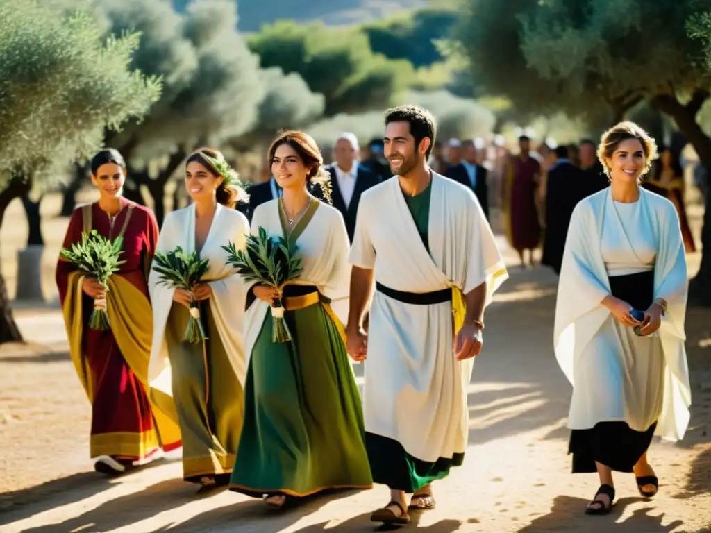 Procesión de boda griega con trajes tradicionales y costumbres matrimoniales Grecia Clásica en un antiguo olivar al atardecer