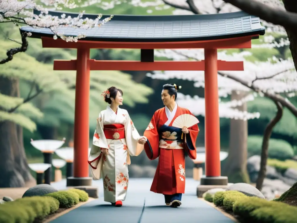 Una boda japonesa tradicional con novios vestidos de kimono blanco y rojo bajo un dosel de cerezos en flor