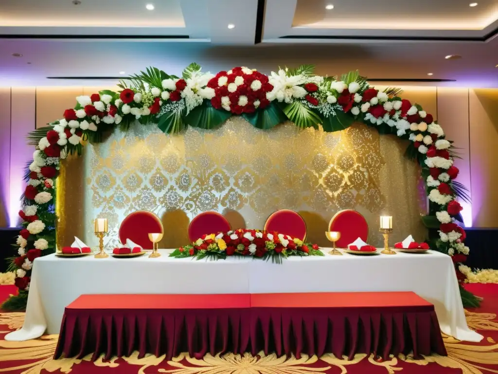 Boda singapurense llena de diversidad cultural global, con un banquete opulento y una exuberante decoración floral