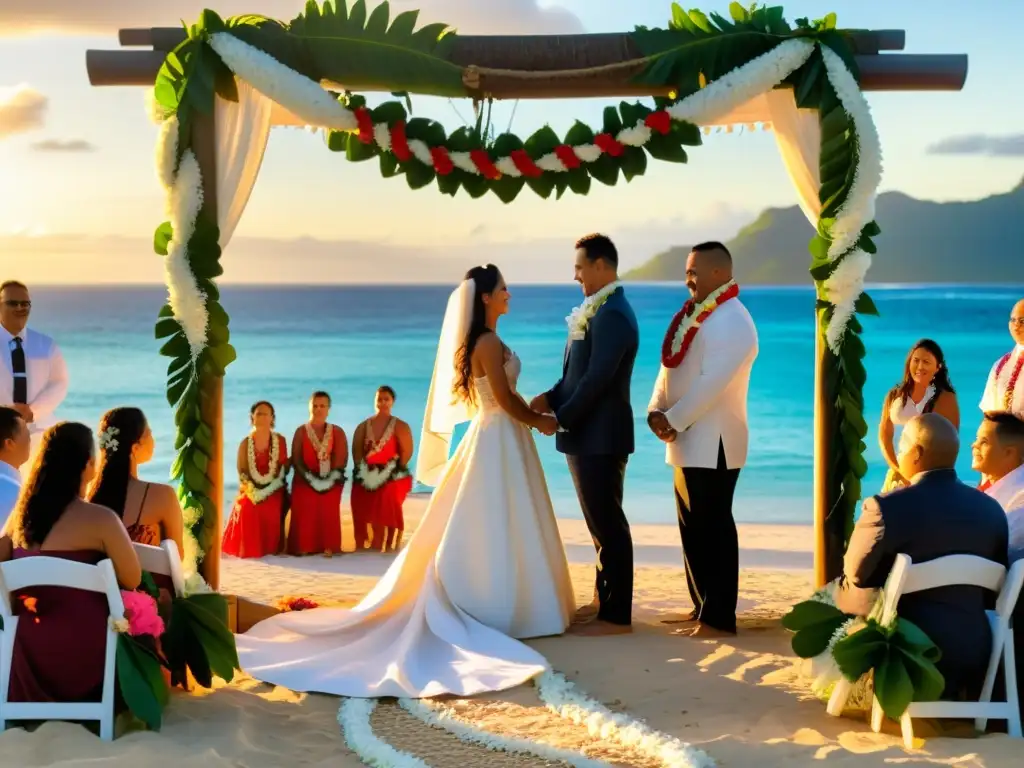 Una boda polinesia al atardecer en una playa prístina