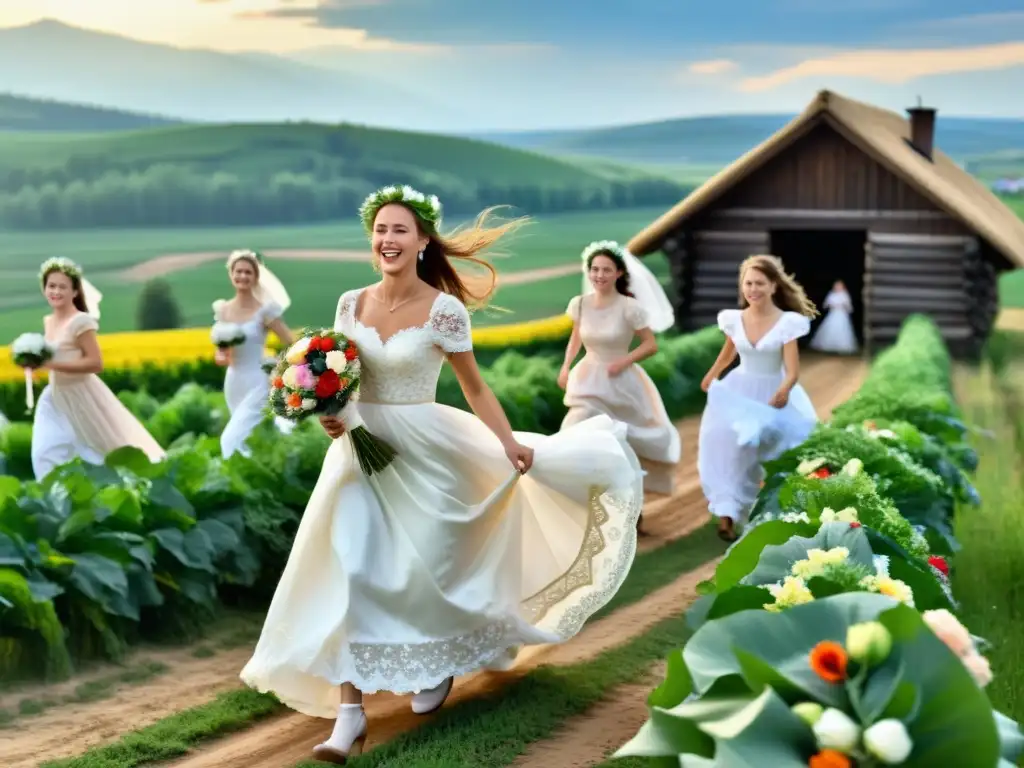 Boda rusa: tradición carrera novia en entorno rural con campo verde y casas de madera al fondo