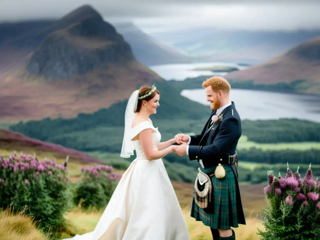 Una boda tradicional escocesa en las Highlands, con novia, novio y paisaje deslumbrante