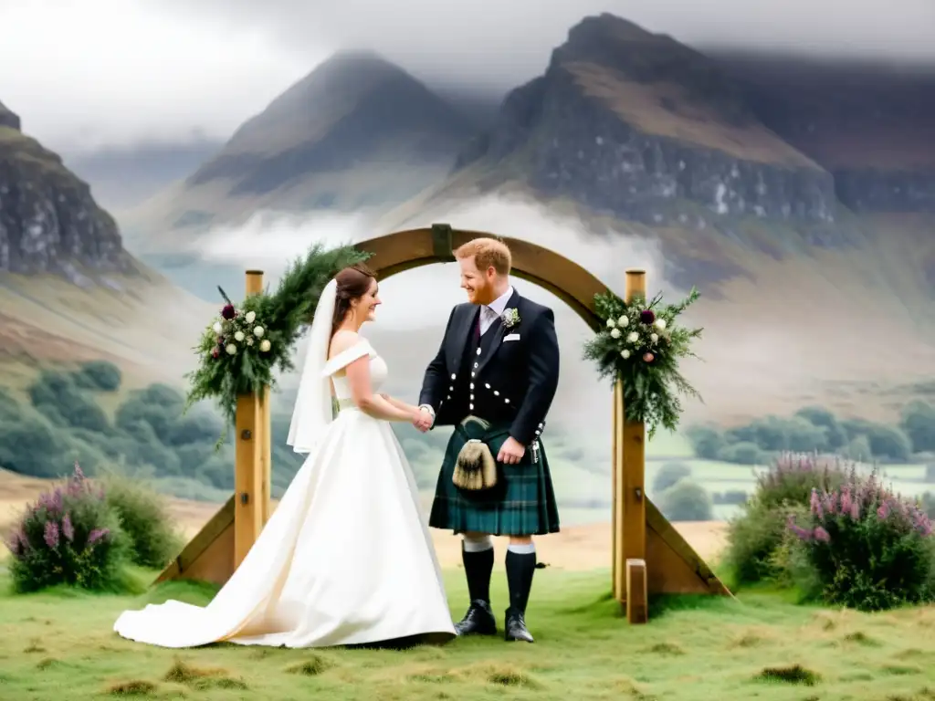 Una boda tradicional en las Highlands Escocesas, con la novia luciendo un vestido blanco y una banda escocesa