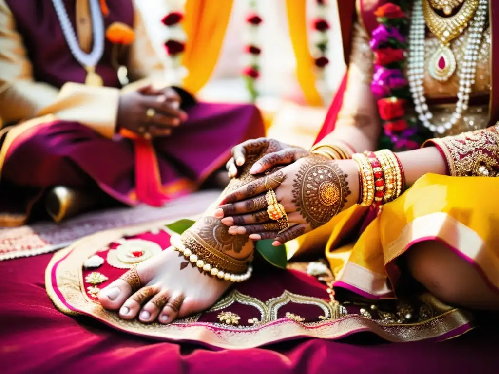 Una boda tradicional hindú en la India, con hermosos diseños de henna, decoraciones florales vibrantes y joyas de oro